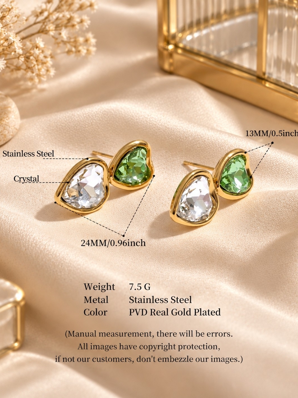 Gold Teardrop Stud Earrings with Green and Clear Stones - Picture 5 of 5
